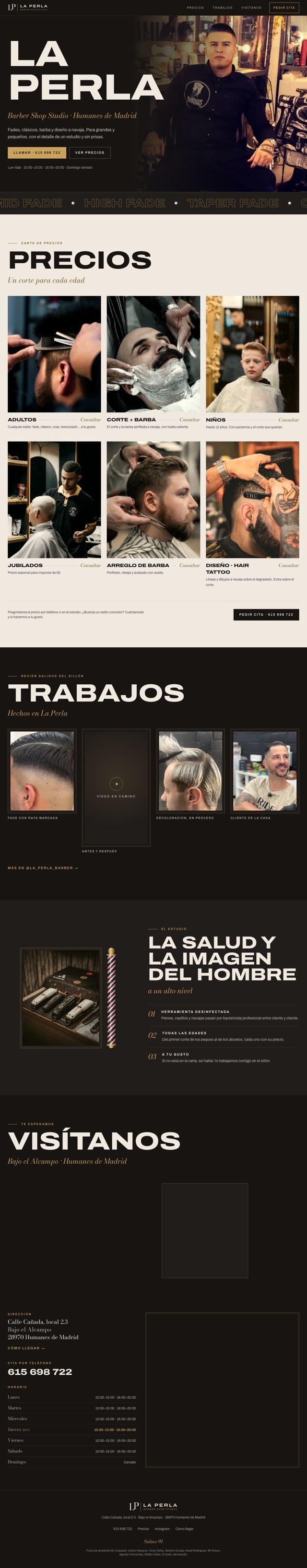 Web de La Perla Barber Shop Studio: portada, precios, trabajos y ubicación.