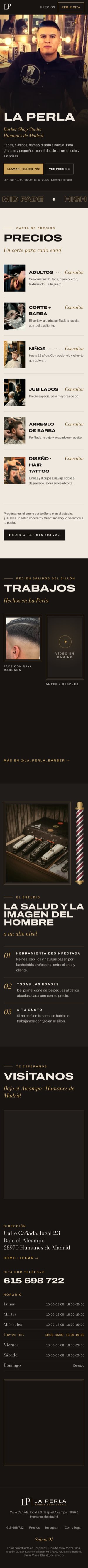 Web de La Perla Barber Shop Studio en el móvil.